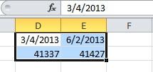 A screenshot of an Excel spreadsheet showing dates in columns D and E and corresponding serial numbers in the row below